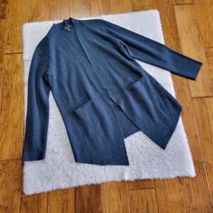 Eileen Fisher 100% Merino Wool Open Cardigan Sweater Women's Large Blue Pockets